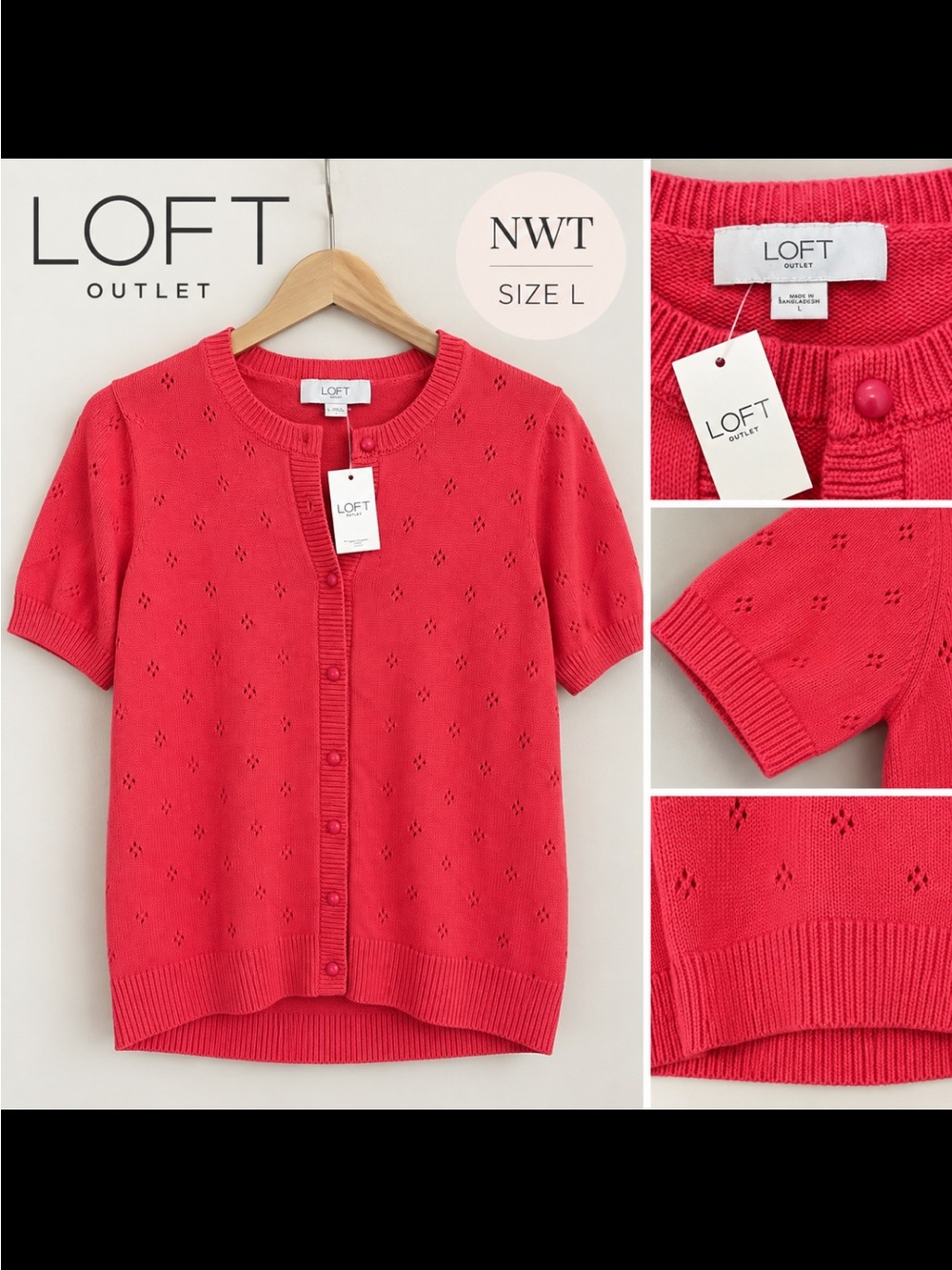 LOFT Outlet Coral Pointelle Short Sleeve Cardigan